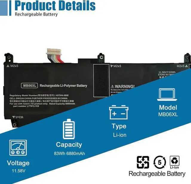 Alt view image 2 of 6 - MB06XL Laptop Battery Replacement for HP ZBook Studio G7 G8 Mobile Workstation/ZBook Create G7 / ZBook Power 16 G11 A/ZBook Create G8 Series Laptop HSTNN-IB9E L77973-1C1 11.58V 83Wh 7167mAh