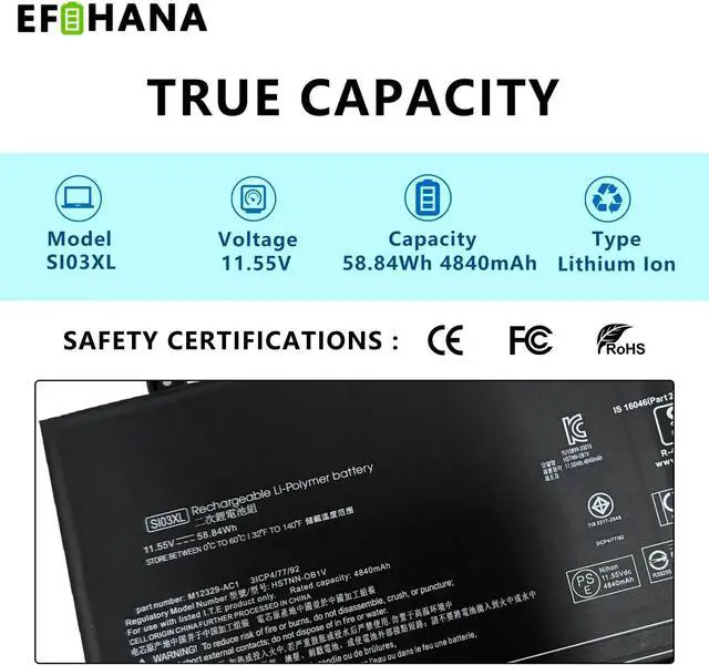 Alt view image 2 of 6 - SI03XL 58.84Wh Laptop Battery Replacement for HP Chromebook X360 14C-CC 14c-cc0000nb 14c-cc0013dx 14c-ca0000nd 14c-ca0000ns Series SI03058XL HSTNN-OB1V M12329-1D1 M02027-005 M12585-005 11.55V