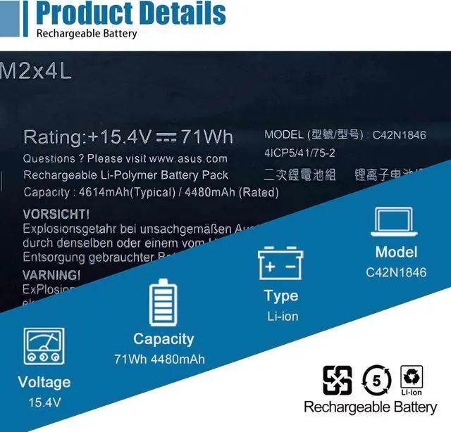 Alt view image 2 of 6 - C42N1846-1 C42N1846 Laptop Battery Replacement for Asus ZenBook Pro Duo UX581 UX581G UX581GV UX581LV UX581GV-XB94T UX581GV-H2003T BP9901U UX581LV-BP1911U Series Notebook 15.4V 62Wh 4038mAh