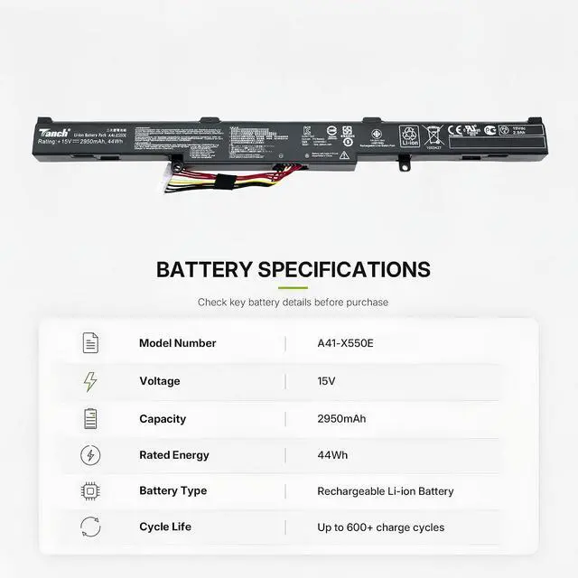 Alt view image 2 of 6 - Tanch A41-X550E Laptop Battery for Asus A450J A450JF A450E X450 X450E