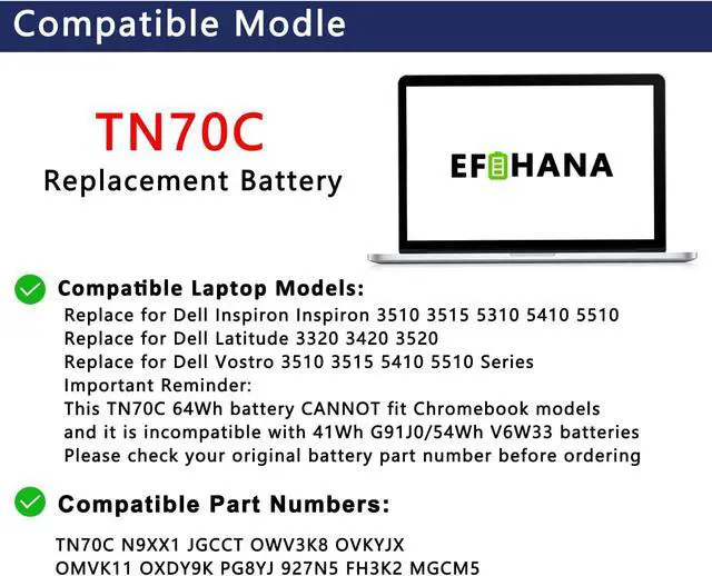 Alt view image 3 of 6 - TN70C N9XX1 3RR09 JGCCT Laptop Battery Replacement for Dell Inspiron 3510 3515 5310 5410 5510 Latitude 3320 3420 3520 Vostro 3510 3515 5410 5510 Series 15.2V 64Wh