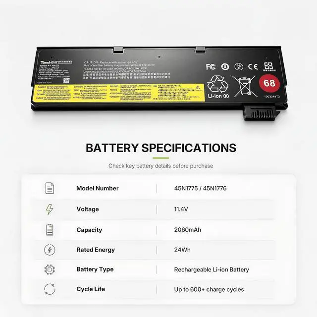 Alt view image 3 of 6 - Tanch Laptop Battery for Lenovo ThinkPad X240 X250 X260 X270 X240 X250 X260 X270 L450 L460 L470 T440 T440s T450 T450s T460 T460P T470P T550 T560, 45N1775 45N1126 45N1160 45N1127 45N1125 45N1124
