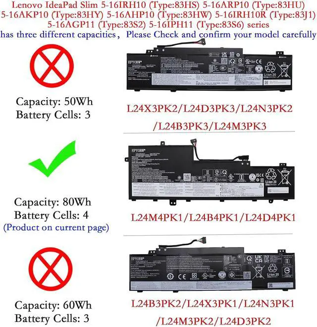 Alt view image 2 of 6 - L24M4PK1 Laptop Battery 80Wh 5306mAh 4-Cell 15.08V Compatible with Lenovo IdeaPad Slim 5-16IRH10 5-16IAH10 5-16ARP10 5-16AKP10 5-16AHP10 5-16IRH10R Series L24B4PK1 L24D4PK1