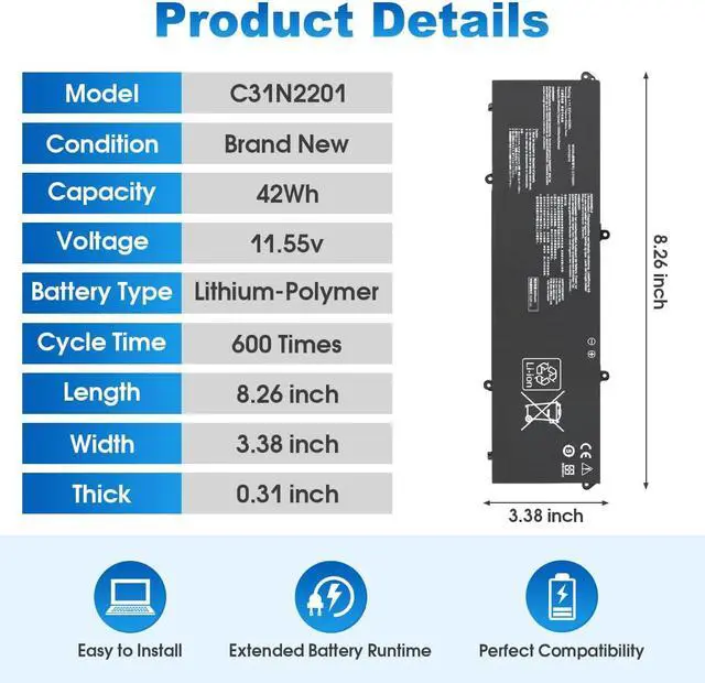 Alt view image 3 of 7 - 42Wh C31N2201 Battery Replacement for ASUS Vivobook 15 X1504 F1504 X1504V X1504VA X1504ZA F1504VA F1504ZA E1504F E1504FA E1504G E1504GA F1605PA F1605ZA F1605VA X1605ZA X1605VA M1605YA TN3604YA