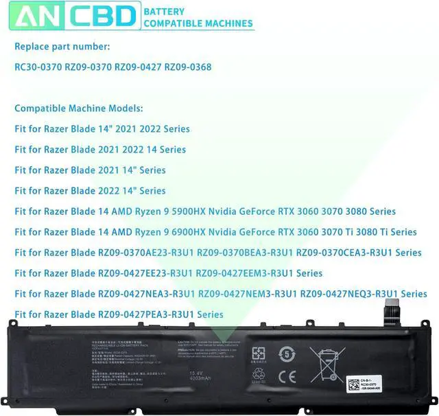 Alt view image 5 of 6 - RC30-0370 RZ09-0370 Laptop Battery for Razer Blade 14 2021 2022