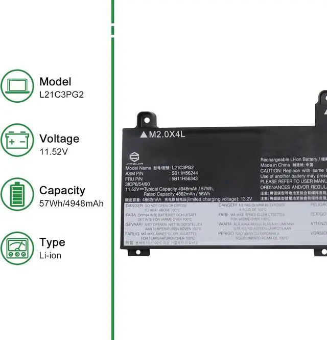 Alt view image 2 of 6 - L21C3PG2 Laptop Battery Replacement for Lenovo Thinkpad L14 L15 Gen 3 Gen 4 C14 Chromebook Gen 1 Series SB11H56244 5B11H56343 L21M3PG2 SB11H56245 5B11H56344 L21D3PG2 SB11H56243 11.52V 57Wh