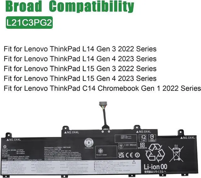 Alt view image 5 of 6 - L21C3PG2 Laptop Battery Replacement for Lenovo Thinkpad L14 L15 Gen 3 Gen 4 C14 Chromebook Gen 1 Series SB11H56244 5B11H56343 L21M3PG2 SB11H56245 5B11H56344 L21D3PG2 SB11H56243 11.52V 57Wh