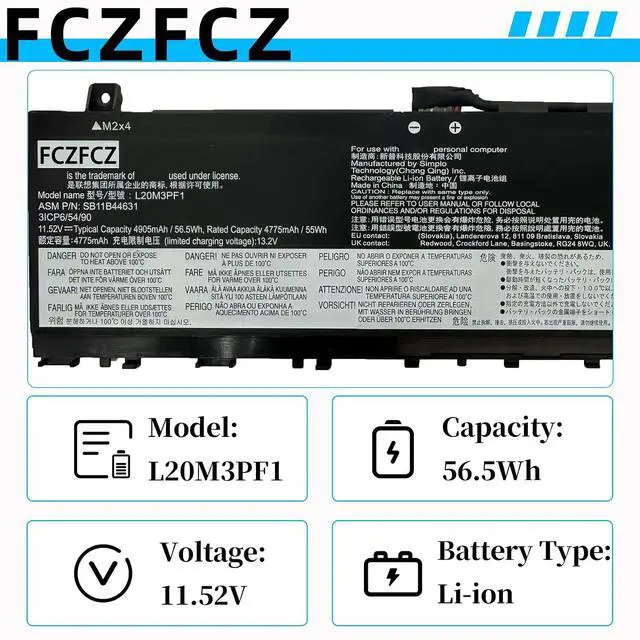 Alt view image 3 of 7 - L20M3PF1 Replacement for Lenovo ideapad 5 Pro-14ACN6 Pro-14ITL6 Pro-14IAP7 Pro-14ARH7 Series SB11B44631 5B11B44633 SB11N52006 5B11N52010 L20D3PF0 5B11B44625 L20C3PF1 11.52V 56.5Wh 4905mAh