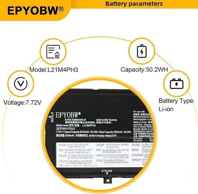Alt view image 3 of 6 - L21M4PH3 Laptop Battery 50.2Wh 6510mAh 4-Cell 7.72V Compatible with Lenovo Slim 7 Carbon 13IAP7 13IRP8 / Yoga Slim 7 Carbon 13IAP7 13IRP8 Series L21D4PH3
