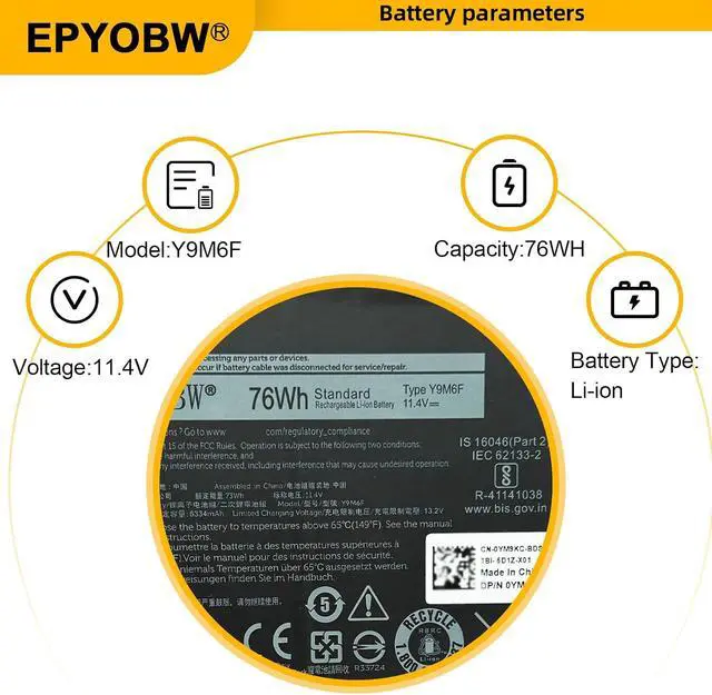 Alt view image 3 of 7 - Y9M6F Laptop Battery 76Wh 6334mAh 5-Cell Compatible with Dell P41E001 P87F001 P41E P87F / Alienware M17 R2 / Alienware M15 R2 ALW15M-D4736W ALW15M-D4501B Series 0Y9M6F 8K84V 08K84V