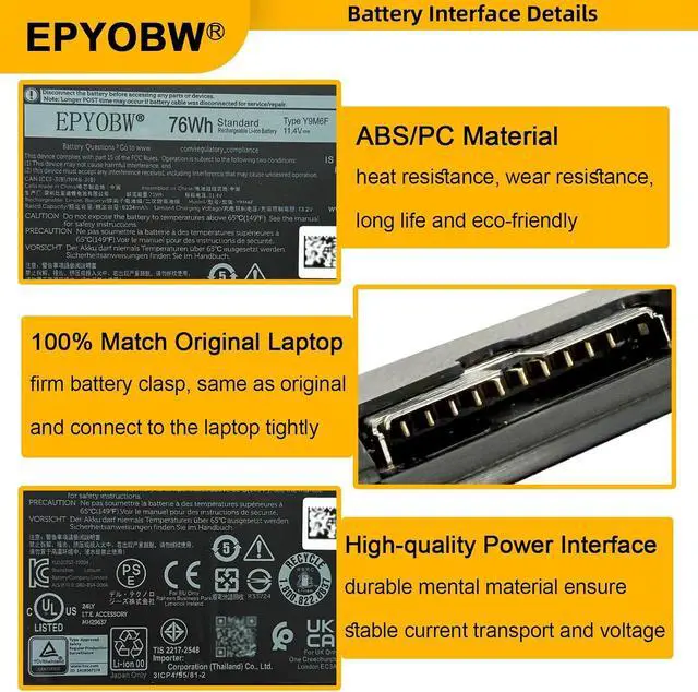 Alt view image 4 of 7 - Y9M6F Laptop Battery 76Wh 6334mAh 5-Cell Compatible with Dell P41E001 P87F001 P41E P87F / Alienware M17 R2 / Alienware M15 R2 ALW15M-D4736W ALW15M-D4501B Series 0Y9M6F 8K84V 08K84V