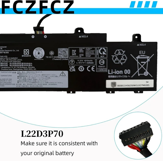 Alt view image 4 of 7 - L22D3P70 Battery 46.5Wh 4112mAh Replacement for Lenovo ThinkPad L14 Gen 4 / L15 Gen 4 Series SB11H56250 5B11H56349 SB11M89801 5B11M90000 L22B3P70 SB11H56251 L22M3P70 L22X3P70 11.31V