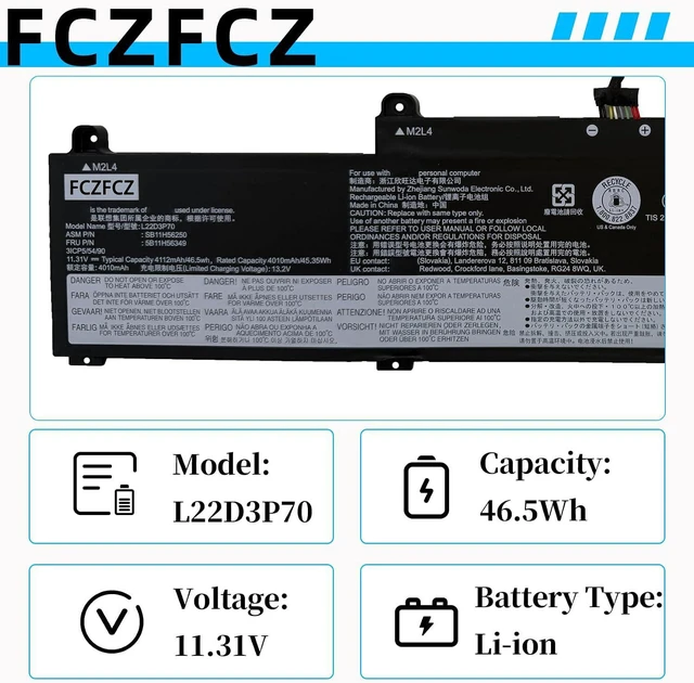 Alt view image 3 of 7 - L22D3P70 Battery 46.5Wh 4112mAh Replacement for Lenovo ThinkPad L14 Gen 4 / L15 Gen 4 Series SB11H56250 5B11H56349 SB11M89801 5B11M90000 L22B3P70 SB11H56251 L22M3P70 L22X3P70 11.31V