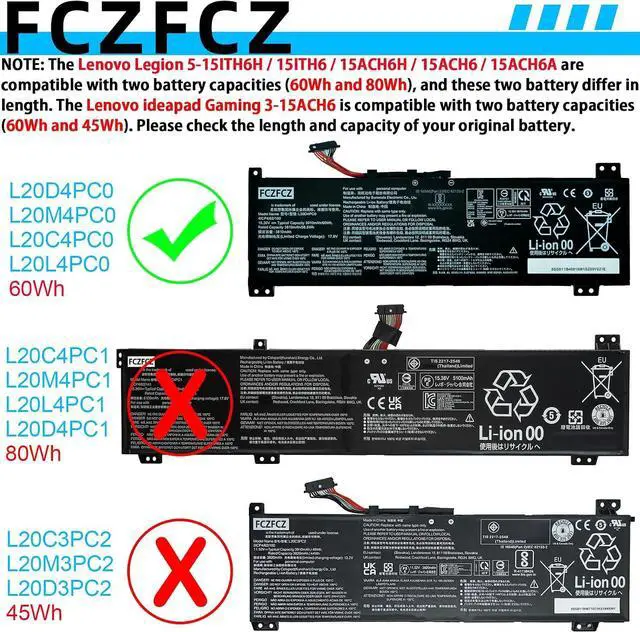 Alt view image 3 of 5 - L20D4PC0 Battery 60Wh 3910mAh Replacement for Lenovo Legion 5-15ITH6H 5-15ITH6 5-15ACH6H 5-15ACH6 5-15ACH6A Series 5B11B48819 SB11B48818 L20L4PC0 SB11B48826 L20C4PC0 L20M4PC0 15.36V 4-Cells