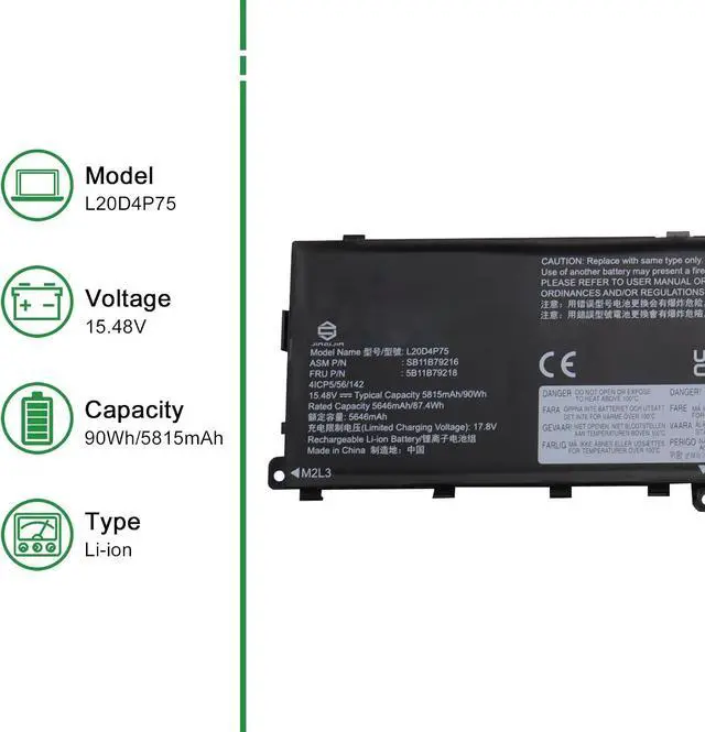 Alt view image 2 of 6 - L20D4P75 Laptop Battery Replacement for Lenovo ThinkPad P1 Gen 4/5/6 Series SB11B79216 5B11B79218 5M11E25314 5M11L99164 L20M4P75 SB11B79215 5B11B79217 5M11E25313 SB11M89862 15.48V 90Wh