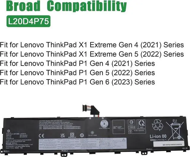 Alt view image 5 of 6 - L20D4P75 Laptop Battery Replacement for Lenovo ThinkPad P1 Gen 4/5/6 Series SB11B79216 5B11B79218 5M11E25314 5M11L99164 L20M4P75 SB11B79215 5B11B79217 5M11E25313 SB11M89862 15.48V 90Wh