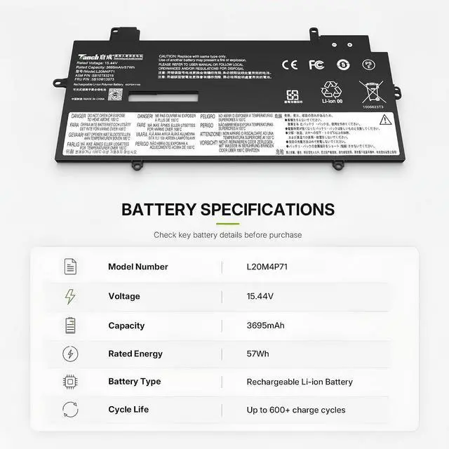 Alt view image 2 of 6 - Tanch L20M4P71 Laptop Battery for Lenovo ThinkPad X1 Carbon Gen 9 10 11