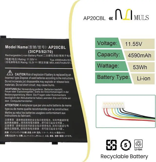 Alt view image 2 of 7 - MULS 53Wh AP20CBL Laptop Battery for Acer Aspire 5 A515-45 Vero AV15-51