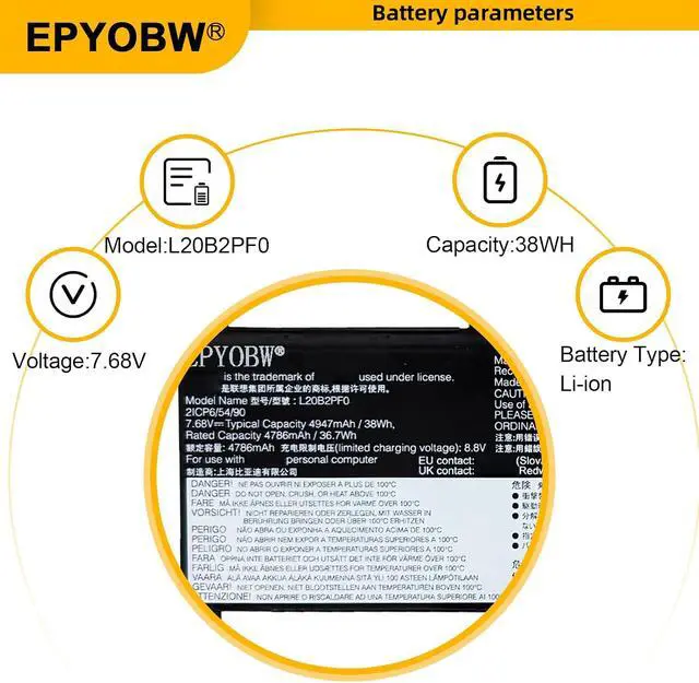 Alt view image 4 of 7 - L20B2PF0 Laptop Battery 38Wh L20M2PF0 L20M2PF8