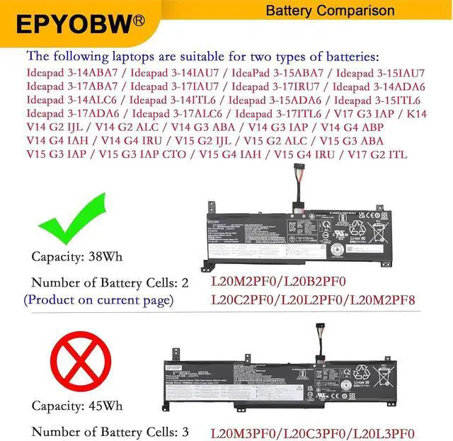 Alt view image 3 of 7 - L20B2PF0 Laptop Battery 38Wh L20M2PF0 L20M2PF8