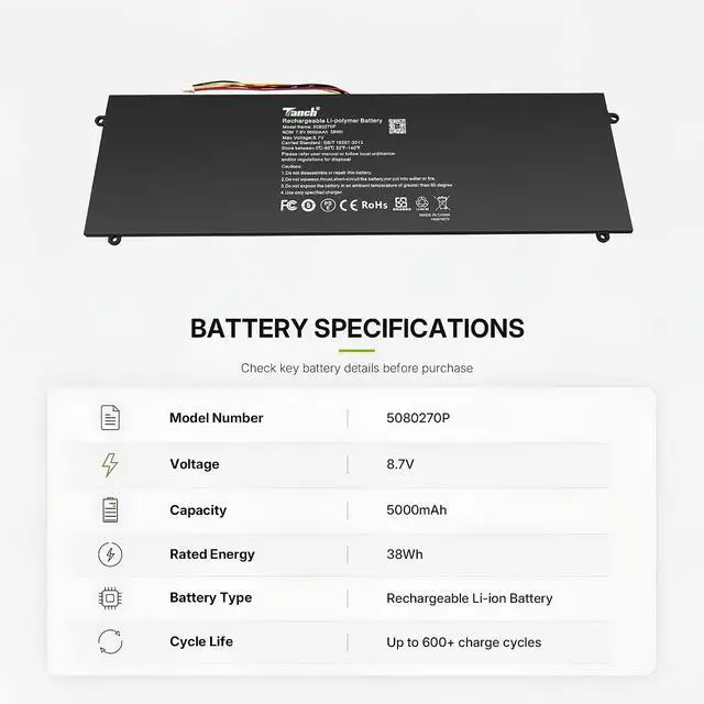 Alt view image 2 of 6 - Tanch 5080270P Laptop Battery for Jumper Ezbook S4 S5 4982229P