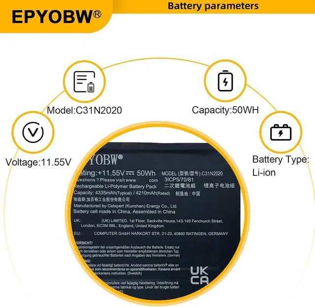 Alt view image 3 of 7 - C31N2020 Laptop Battery 50Wh 4335mAh 3-Cell 11.55V Compatible with Asus Chromebook Flip CM1 CM1400FXA-EC0014 CM1400FXA-EC0022 CM1400FXA-EC0023 CM1400FXA-EC0046 Series 3ICP5/70/81