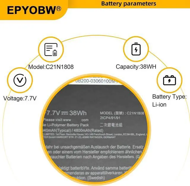 Alt view image 4 of 7 - C21N1808 Laptop Battery 38Wh C21PqCH 0B200-03060000