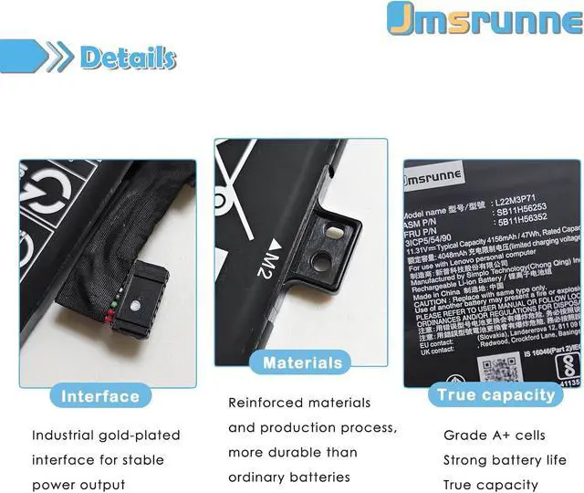 Alt view image 3 of 7 - 47Wh L22M3P71 Laptop Battery Replacement for Lenovo 100w 300w 500w Yoga Gen 4 2023 Series Notebook L22D3P71 SB11H56255 5B11H56354 L22C3PG0 L22D3PG0 SB11H56253 5B11H56352 L22C3P71 L22M3P72