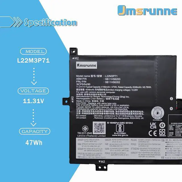 Alt view image 2 of 7 - 47Wh L22M3P71 Laptop Battery Replacement for Lenovo 100w 300w 500w Yoga Gen 4 2023 Series Notebook L22D3P71 SB11H56255 5B11H56354 L22C3PG0 L22D3PG0 SB11H56253 5B11H56352 L22C3P71 L22M3P72