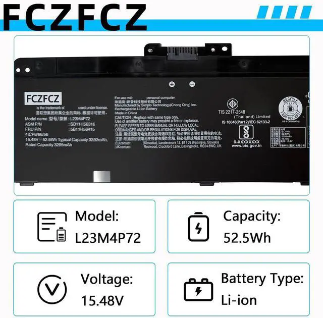 Alt view image 5 of 7 - L23M4P72 Battery 52.5Wh 3392mAh Replacement for Lenovo ThinkPad P14s Gen 5 / Gen 6 / T14 Gen 5 21MC / Thinkpad T14 Gen 6 Series SB11H56316 5B11H56415 L23B4P70 L23D4P71 L23C4P73 15.48V 4-Cell