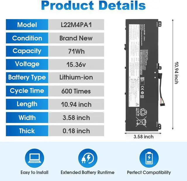 Alt view image 3 of 6 - 71Wh L22M4PA1 L22C4PA1 L22D4PA1 Laptop Battery Replacement for Lenovo Yoga 7 14IRL8 14ARP8 16IRL8 16ARP8 Yoga 7 2-in-1 14IML9 14AHP9 16IML9 16AHP9 Type 82YM 82YL 82YN 83BS 83DJ 83DK 83DL 83DM