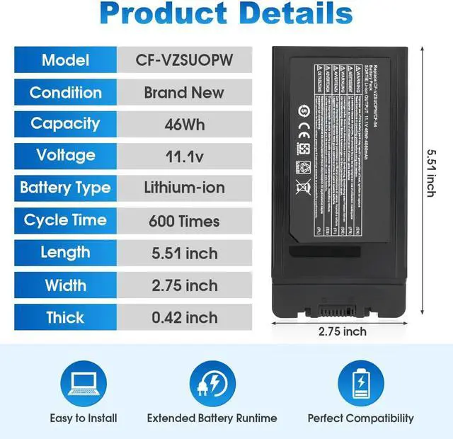 Alt view image 3 of 7 - 46Wh CF-VZSU0PW Laptop Battery Compatible with Panasonic Toughbook CF-54