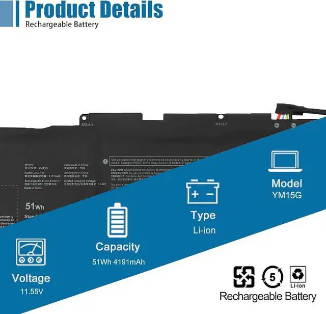 Alt view image 2 of 6 - YM15G Laptop Battery Replacement for Dell XPS 13 9315 Series 0G9FHC G9FHC 0W6D4H W6D4H 11.55V 51Wh 4191mAh