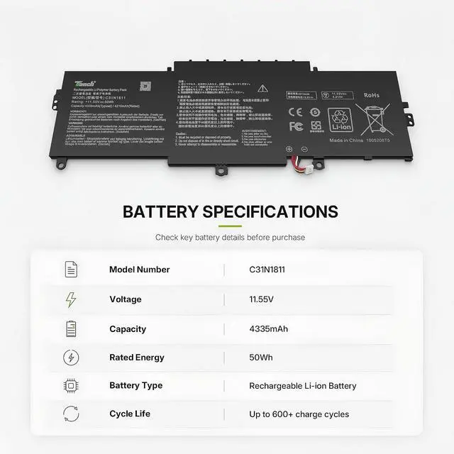 Alt view image 2 of 6 - Tanch C31N1811 Laptop Battery for Asus ZenBook 14 U4300 UX433 UM433 Series