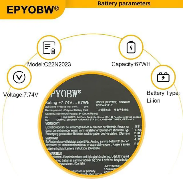 Alt view image 3 of 7 - C22N2023 Laptop Battery 67Wh 8694mAh 7.74V Compatible with Asus Chromebook CXB170CKA Series