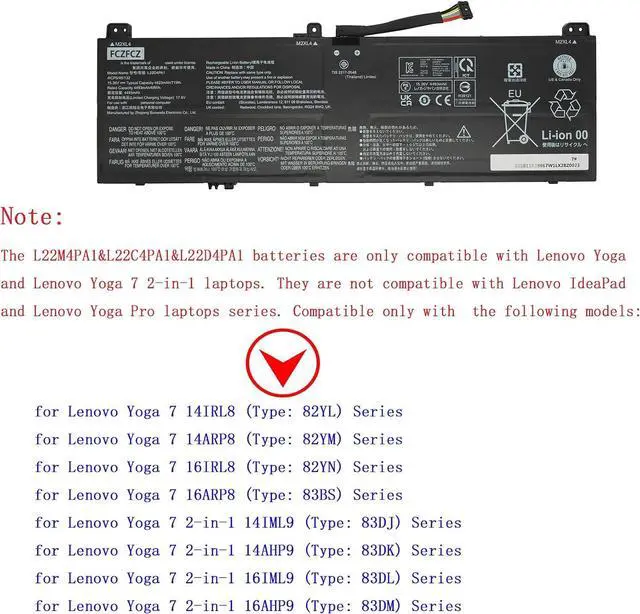 Alt view image 6 of 7 - L22D4PA1 Replacement for Lenovo Yoga 714IRL8 14ARP8 16IRL8 16ARP8 / Yoga 7 2-in-1 14IML9 14AHP9 16IML9 16AHP9 Series SB11K38967 5B11K38963 SB11N46002 5B11N45982 L22M4PA1 L22C4PA1 15.36V 71Wh