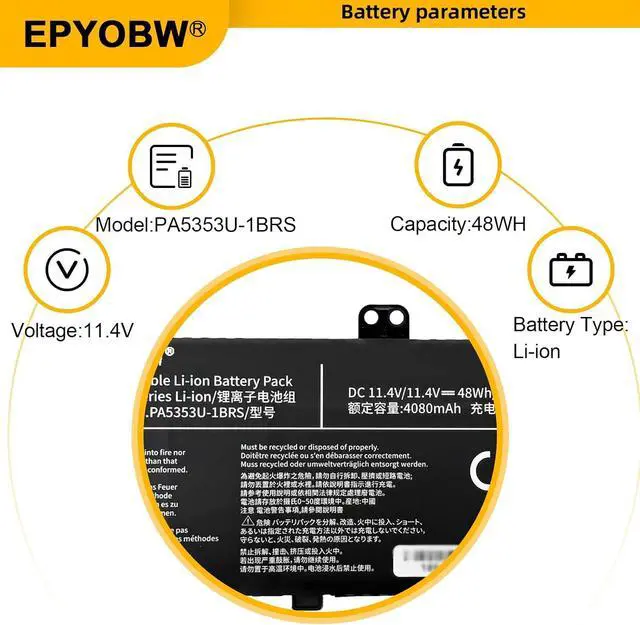 Alt view image 3 of 7 - PA5353U-1BRS Laptop Battery 48Wh 4080mAh 3-Cell 11.4V Compatible with Toshiba Dynabook Tecra X50 X50-F Series 3ICP5/94/68