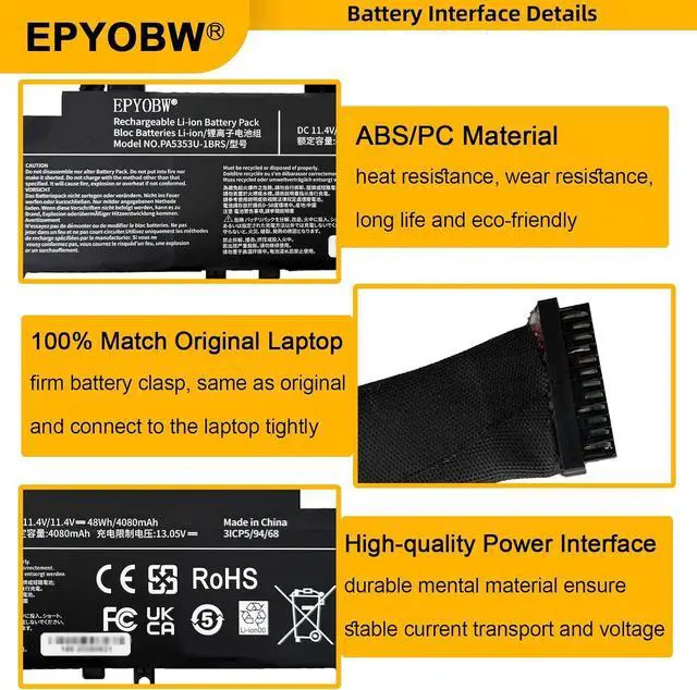 Alt view image 4 of 7 - PA5353U-1BRS Laptop Battery 48Wh 4080mAh 3-Cell 11.4V Compatible with Toshiba Dynabook Tecra X50 X50-F Series 3ICP5/94/68