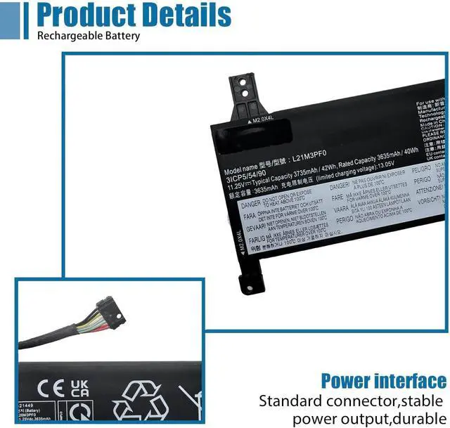 Alt view image 3 of 6 - L21M3PF0 Laptop Battery Replacement for Lenovo IdeaPad 1-14IAU7 1-14ALC7 1-14IGL7 1-14ADA7 1-14IJL7 1-14AMN7 1-15ADA7 Series SB11D70893 SB11D70894 SB11D70892 5B11D96113 11.25V 42Wh 3735mAh