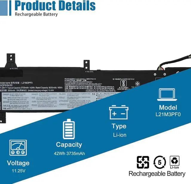 Alt view image 2 of 6 - L21M3PF0 Laptop Battery Replacement for Lenovo IdeaPad 1-14IAU7 1-14ALC7 1-14IGL7 1-14ADA7 1-14IJL7 1-14AMN7 1-15ADA7 Series SB11D70893 SB11D70894 SB11D70892 5B11D96113 11.25V 42Wh 3735mAh