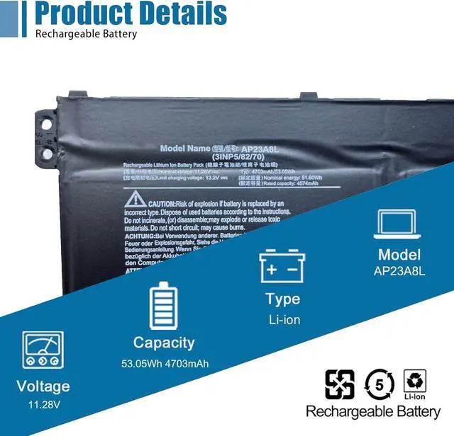 Alt view image 2 of 6 - AP23A8L Laptop Battery Replacement for Acer Aspire Go 15 AG15-31P Aspire 3 A315-24P A317-55P Extensa 15 EX215-23 Series AP23A7L AP23A5L 11.28V 53.05Wh 4703mAh