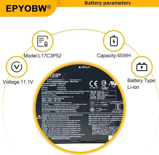 Alt view image 3 of 6 - L17C3P52 Laptop Battery 45Wh Compatible with Lenovo ThinkPad L480 L490 L580 L590 / ThinkPad L14 L15 / ThinkPad L14 Gen 2 L15 Gen 2 Series L17L3P52 L17M3P54 L17M3P53 01AV466 01AV463 01AV464
