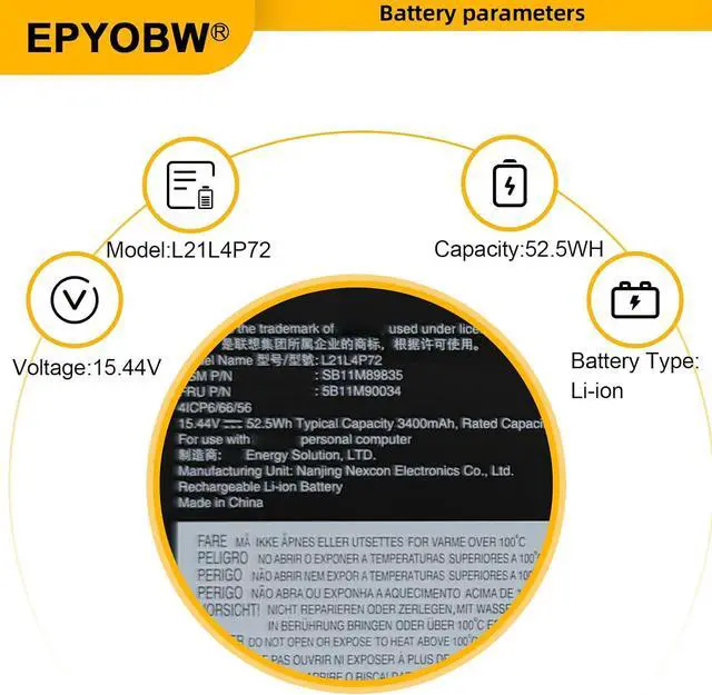 Alt view image 4 of 7 - L21L4P72 Laptop Battery 52.5Wh 3392mAh 15.48V Series L21D4P72