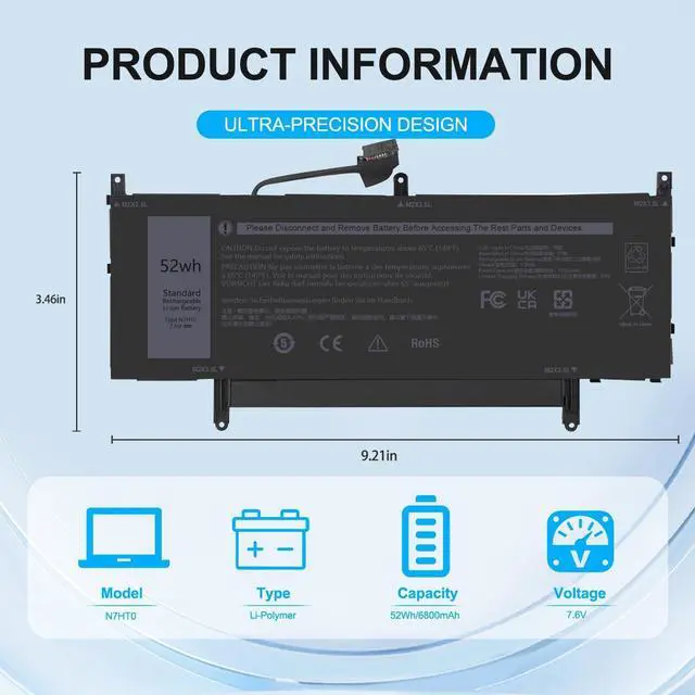 Alt view image 2 of 6 - N7HT0 Laptop Battery Replacement for Dell Latitude 9510 9520 / Latitude 9520 2-in-1 P94F P95F P95F001 P94F001 TVKGH V5K68 N2NLL 08NFC7 N2NLL N7HTO 0PKW00 089GNG 0HYMNG