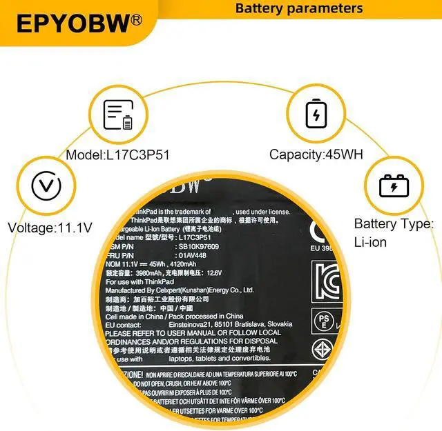 Alt view image 3 of 5 - L17C3P51 Battery 45Wh Compatible with Lenovo E41-55 E41-50 ThinkPad E480 E485 E490 E495 E580 E585 E590 E595 E14 E15 Series L17L3P51 01AV445 L17M3P52 L17M3P51 SB10K97609 01AV448 SB10T83131