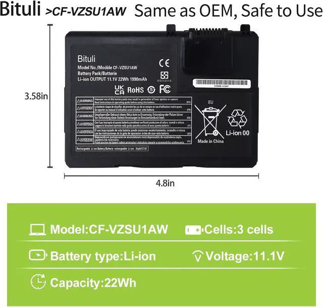 Alt view image 2 of 6 - CF-VZSU1AW CF-33 Battery Replacement for Panasonic Toughbook CF-33 CF-33AEHFATG CF-33AEHFZTG CF-33AEHFZTN CF-33AEHGATG CF-33AEQGATG CF-33LEHFAT3 CF-33LEHGAT3 CF-33LEQGAT3 Series 22Wh