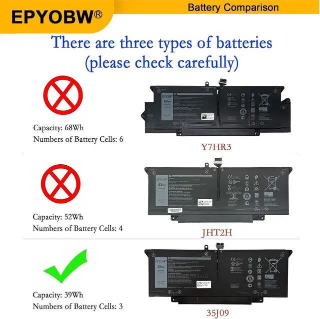 Alt view image 3 of 7 - 35J09 Laptop Battery 39Wh JHT2H Y7HR3 4V5X2 HRGYV WY9MP