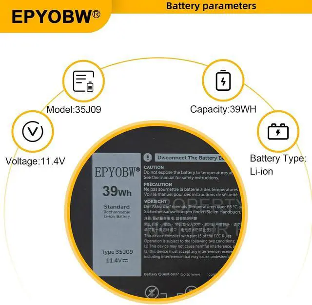 Alt view image 4 of 7 - 35J09 Laptop Battery 39Wh JHT2H Y7HR3 4V5X2 HRGYV WY9MP