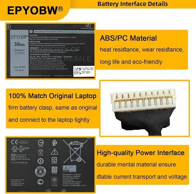 Alt view image 5 of 7 - 35J09 Laptop Battery 39Wh JHT2H Y7HR3 4V5X2 HRGYV WY9MP