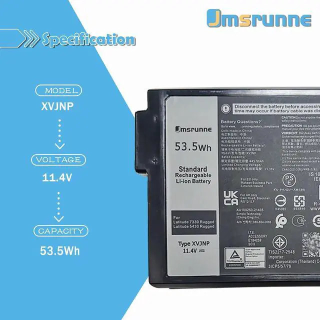 Alt view image 2 of 7 - XVJNP Laptop Battery Replacement for Dell Latitude 7330 5430 Rugged Extreme P149G P149G001 P148G P148G001 06JRCP 6JRCP 06JRCP 0M0TN3 M0TN3 KD1CT 451-BCWQ 53.5Wh 11.4V